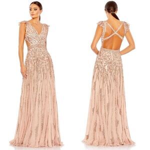 Mac Duggal 5682 Sequined Flutter Cap Sleeve Cut Out A-Line Gown, Apricot, Size 8